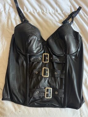 Coquette Lingerie Black Faux Leather Silver Buckle Bustier Top